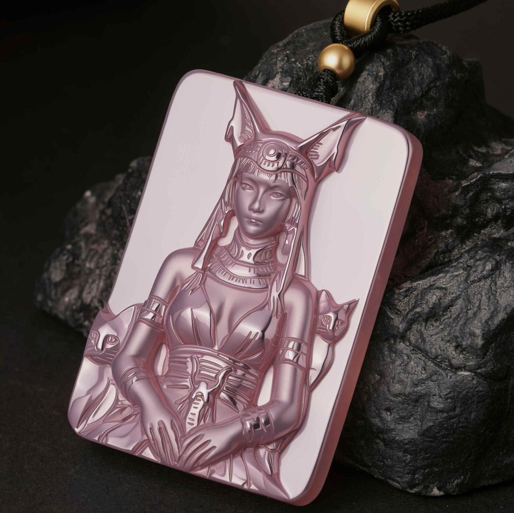 Egyptian Cat Goddess Hand Carved Purple Agate Necklace