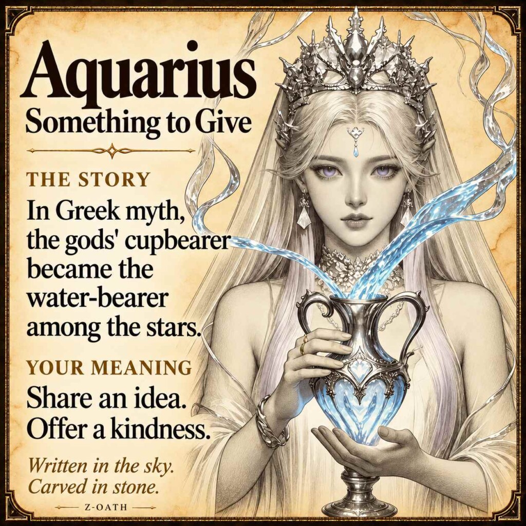 Aquarius zodiac illustrated story card with myth and personal meaning, not a product photograph