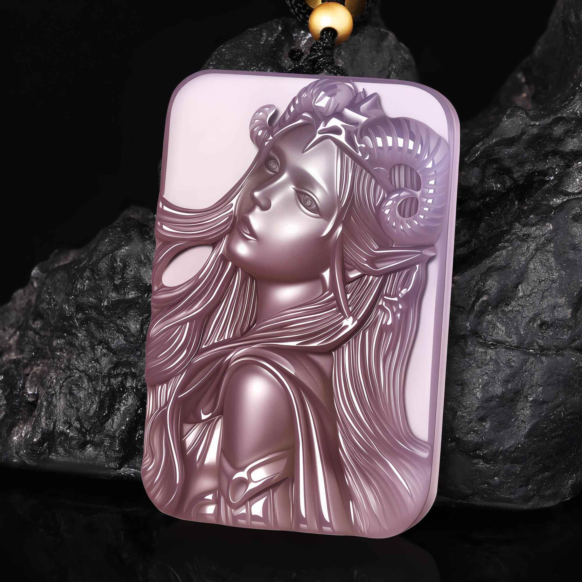 Hand-carved purple agate Aries zodiac necklace displayed on dark rock