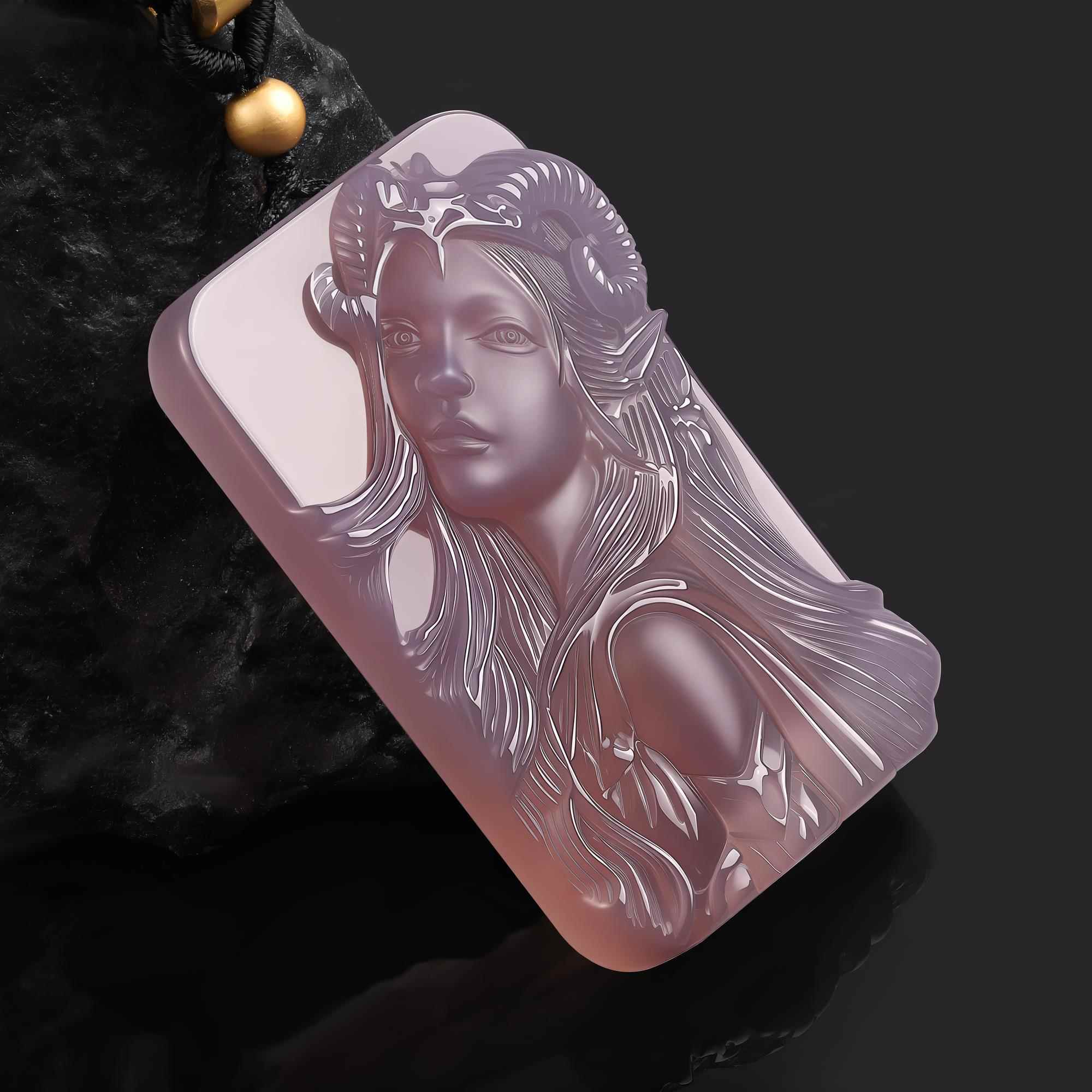 Angled view of the hand-carved purple agate Aries pendant showing the relief