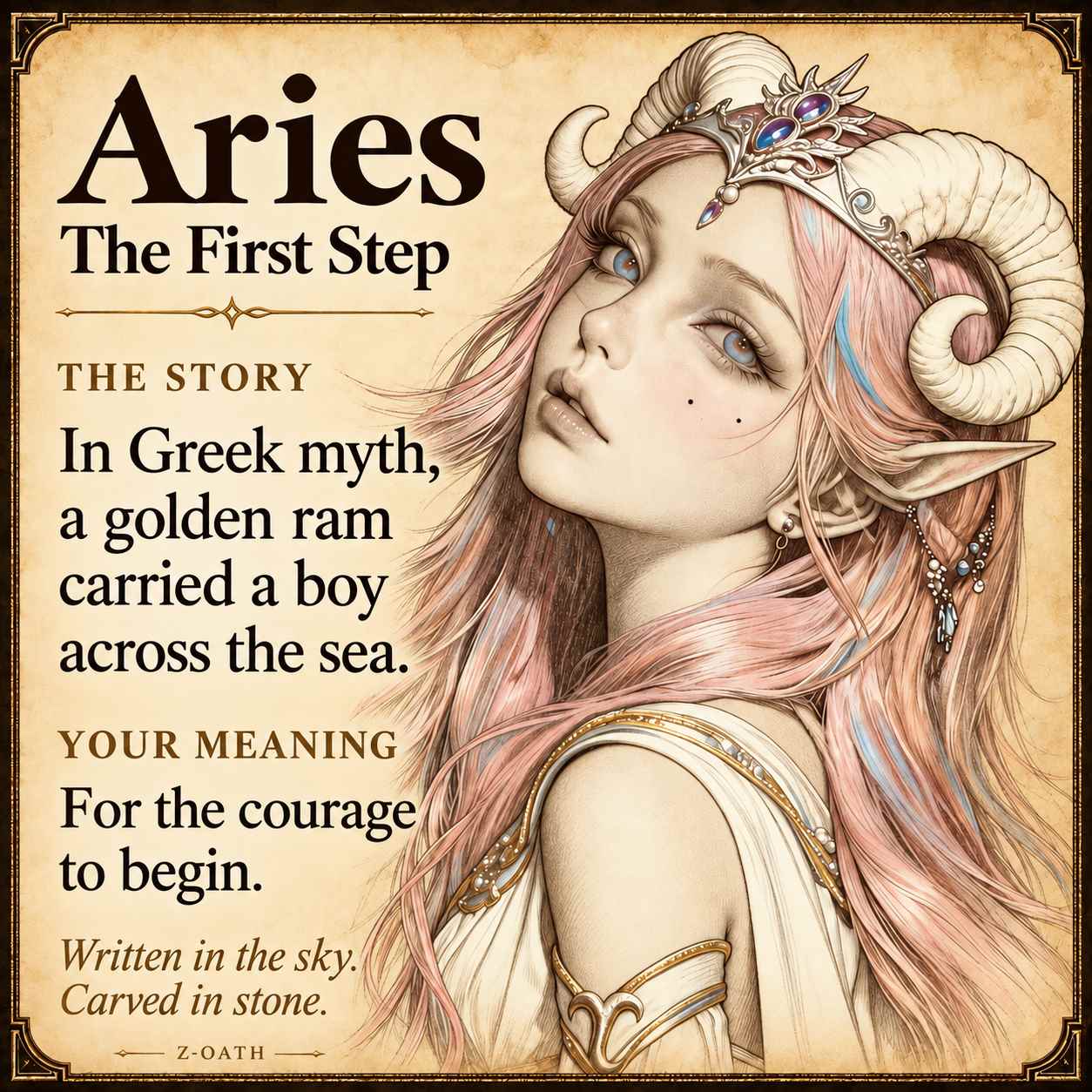 Aries zodiac illustrated story card with myth and personal meaning, not a product photograph