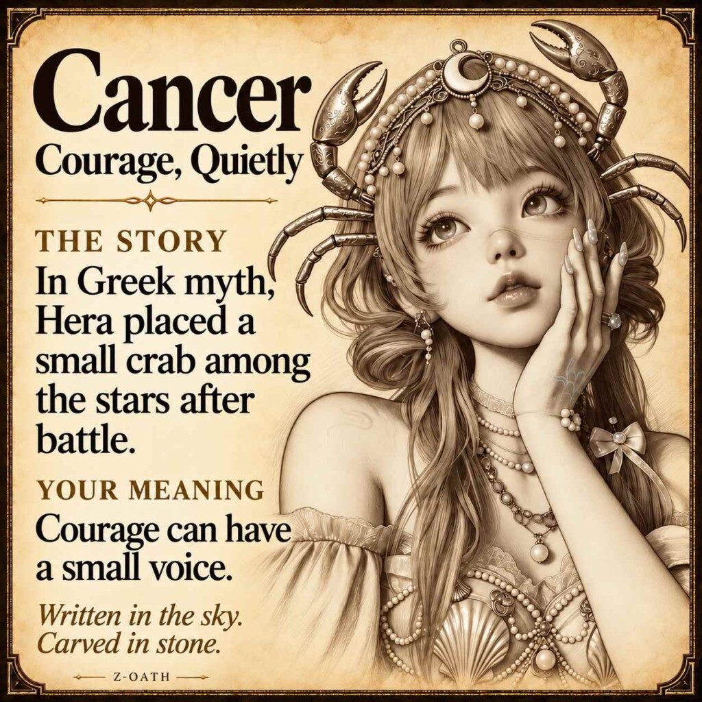Cancer zodiac illustrated story card with myth and personal meaning, not a product photograph