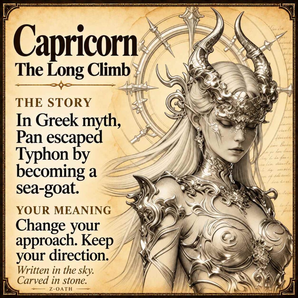 Capricorn zodiac illustrated story card with myth and personal meaning, not a product photograph