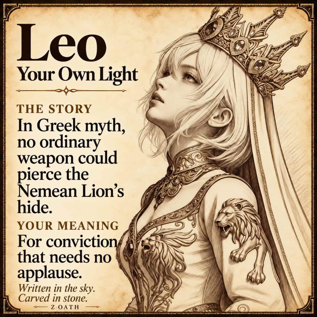 Leo zodiac illustrated story card with myth and personal meaning, not a product photograph