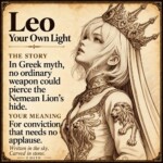 Leo zodiac illustrated story card with myth and personal meaning, not a product photograph