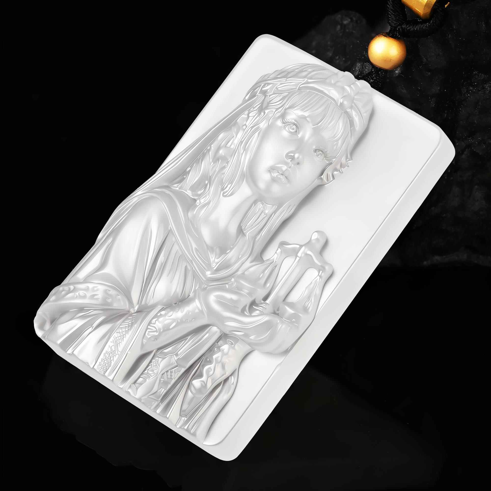 Angled view of the hand-carved white agate Libra pendant showing the relief