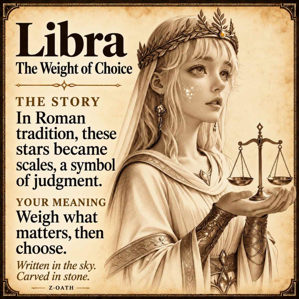 Libra zodiac illustrated story card with myth and personal meaning, not a product photograph