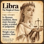 Libra zodiac illustrated story card with myth and personal meaning, not a product photograph