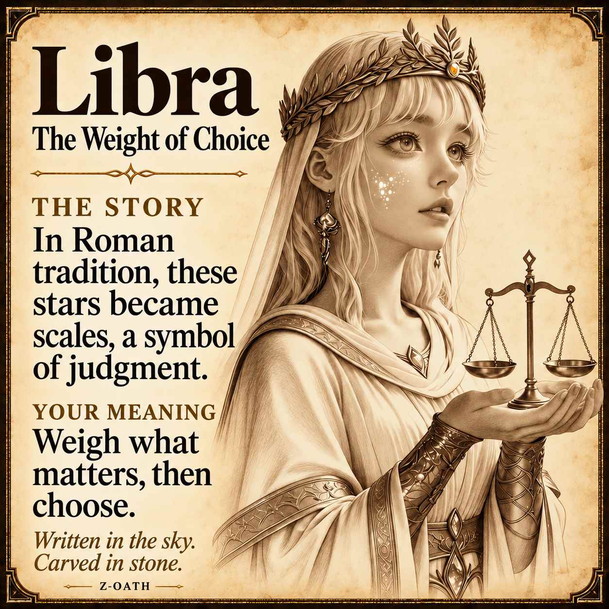 Libra zodiac illustrated story card with myth and personal meaning, not a product photograph