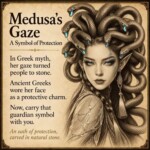 Medusa’s Gaze character card showing a serpent-crowned portrait and the ancient protective symbolism of her face