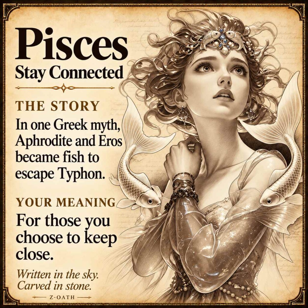 Pisces zodiac illustrated story card with myth and personal meaning, not a product photograph