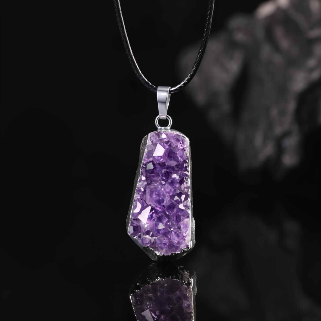 Raw amethyst necklace with a purple crystal surface and silver-tone setting on a black cord