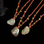 Three examples of raw fluorite necklaces; pendant shape selected at random