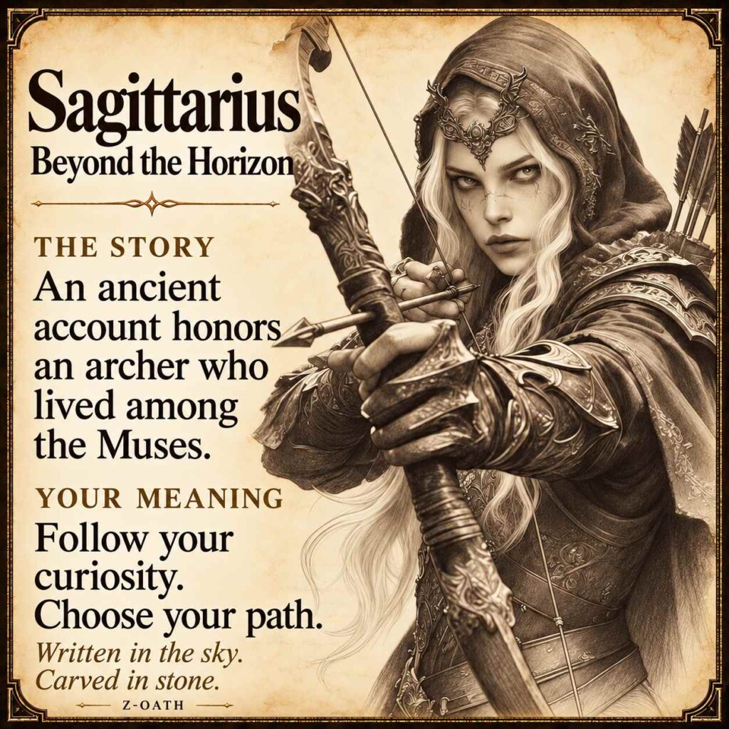 Sagittarius zodiac illustrated story card with myth and personal meaning, not a product photograph