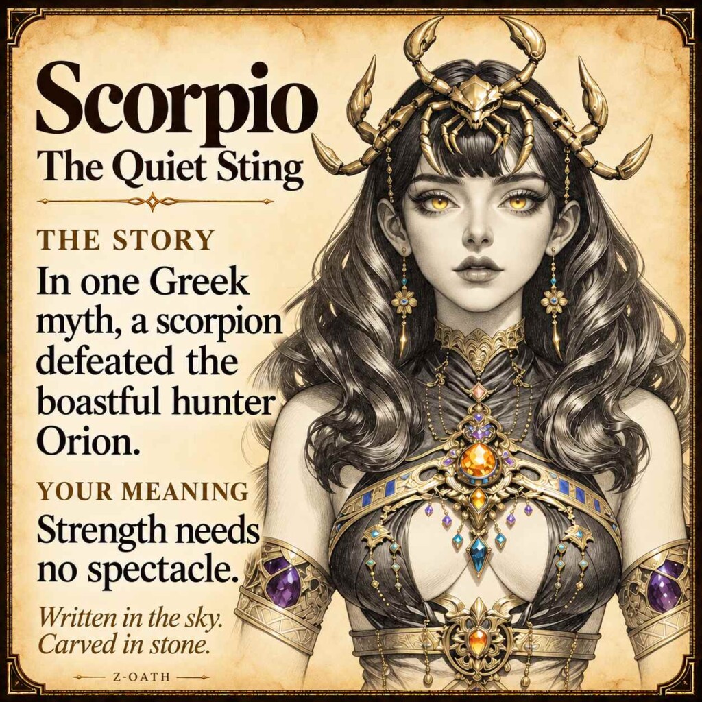 Scorpio zodiac illustrated story card with myth and personal meaning, not a product photograph