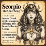 Scorpio zodiac illustrated story card with myth and personal meaning, not a product photograph