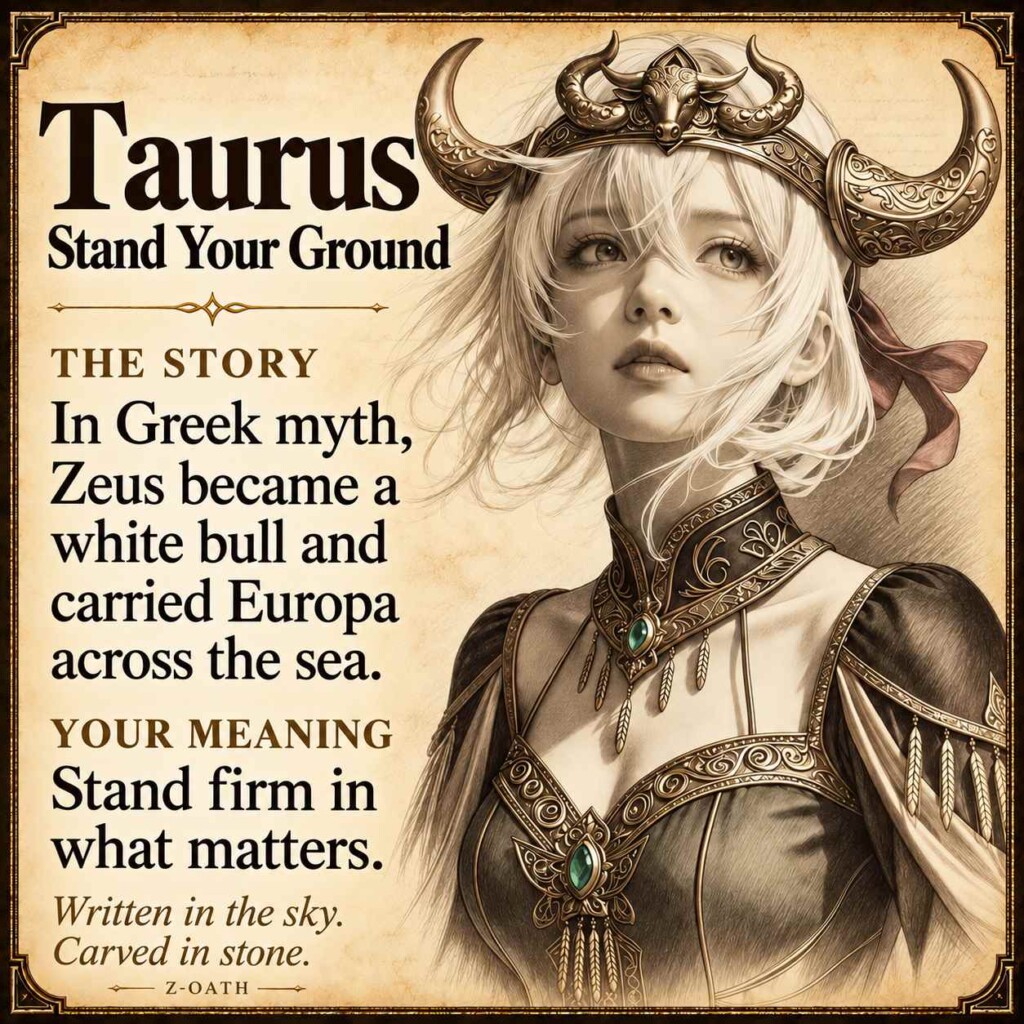 Taurus zodiac illustrated story card with myth and personal meaning, not a product photograph