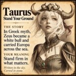 Taurus zodiac illustrated story card with myth and personal meaning, not a product photograph