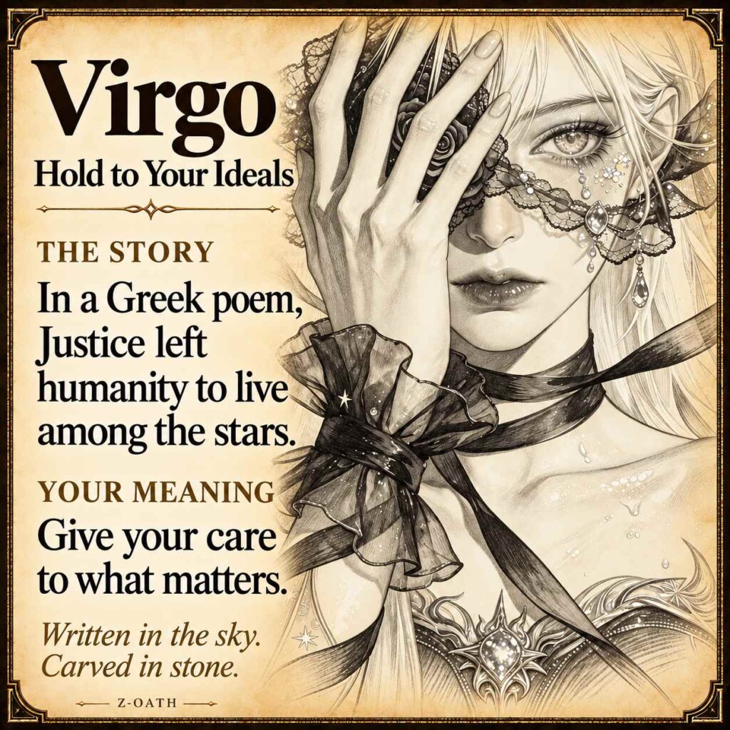 Virgo zodiac illustrated story card with myth and personal meaning, not a product photograph