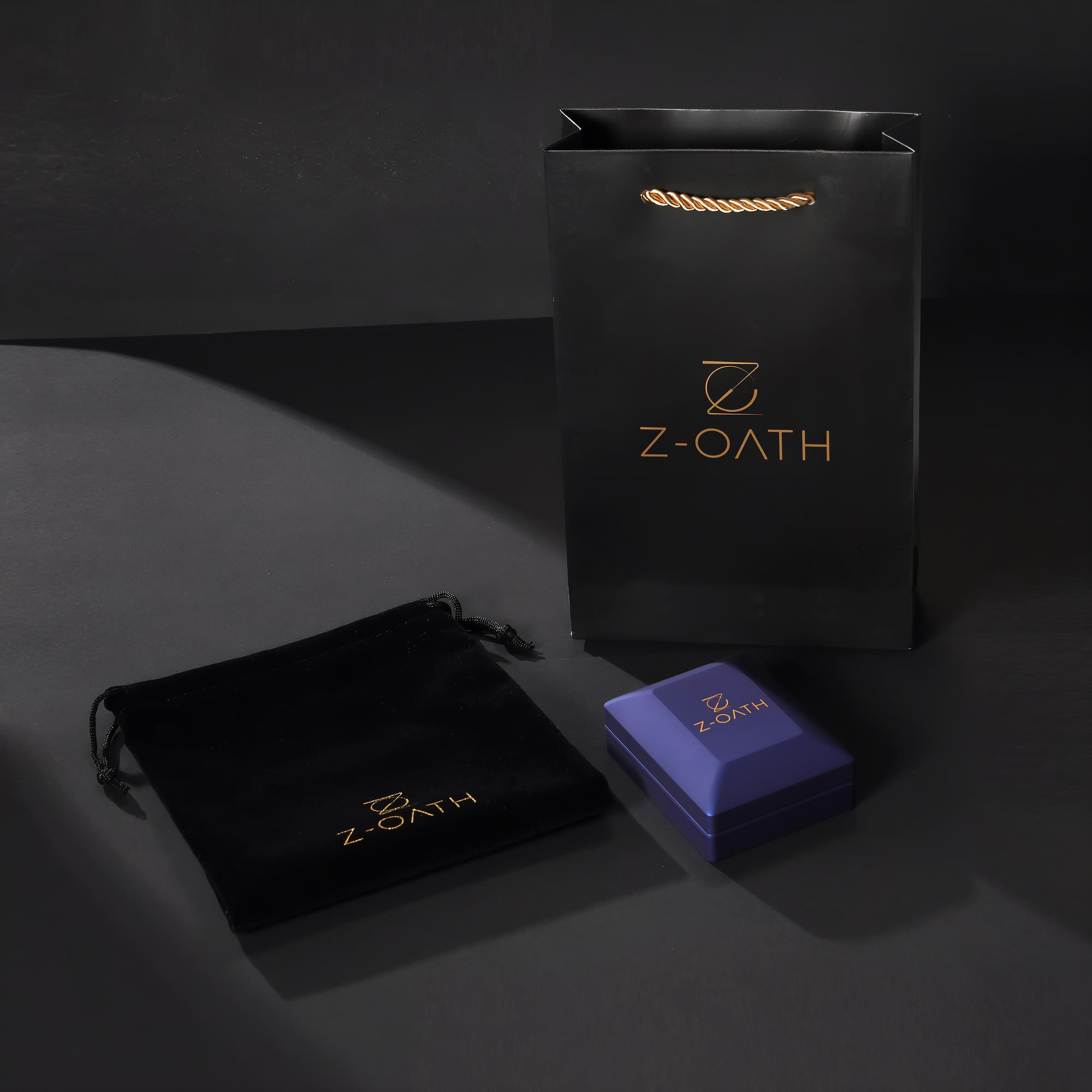 Z-OATH necklace gift packaging: black gift bag, velvet pouch and purple gift box