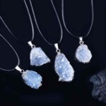 Four raw aquamarine necklaces showing shapes selected at random; one necklace per order