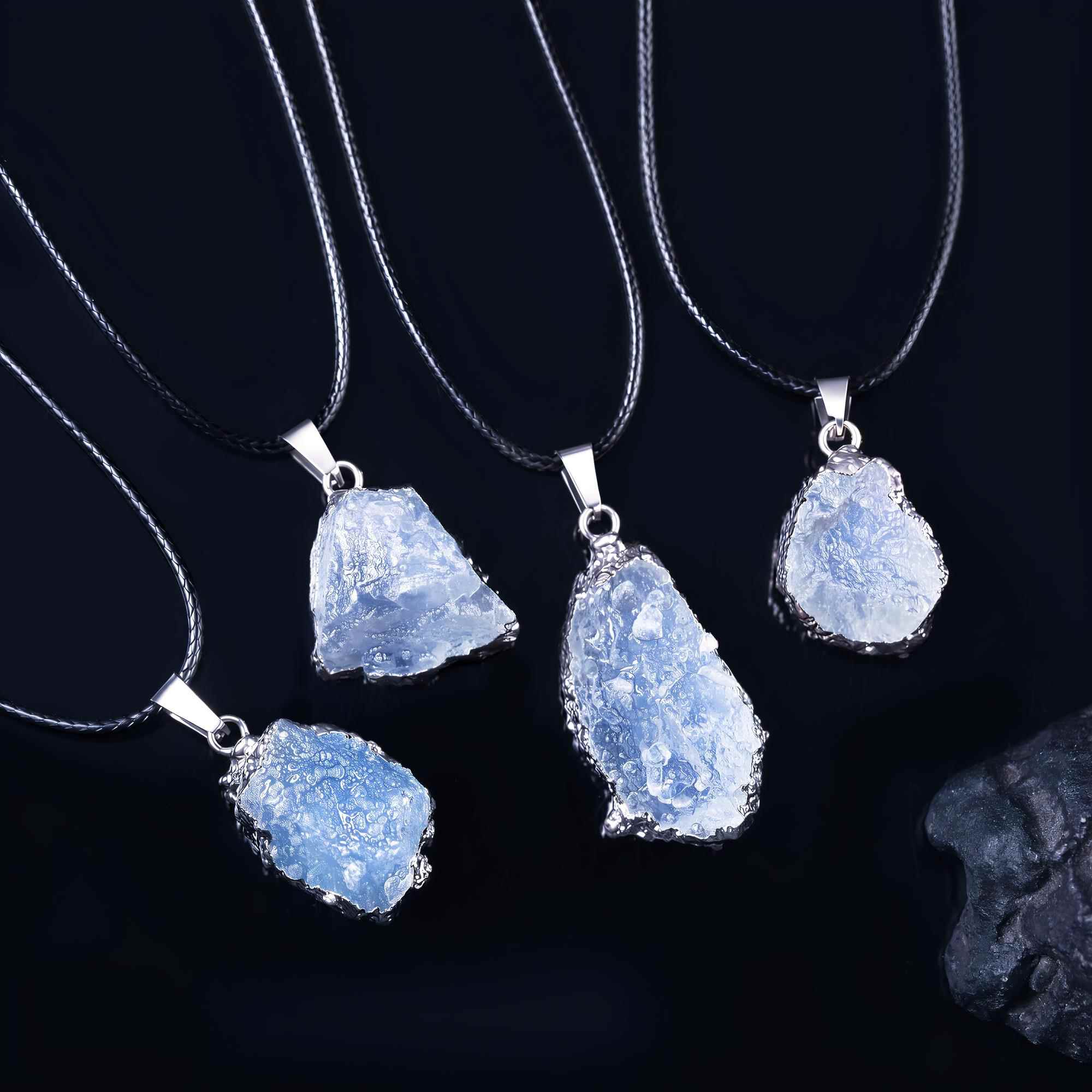 Four raw aquamarine necklaces showing shapes selected at random; one necklace per order
